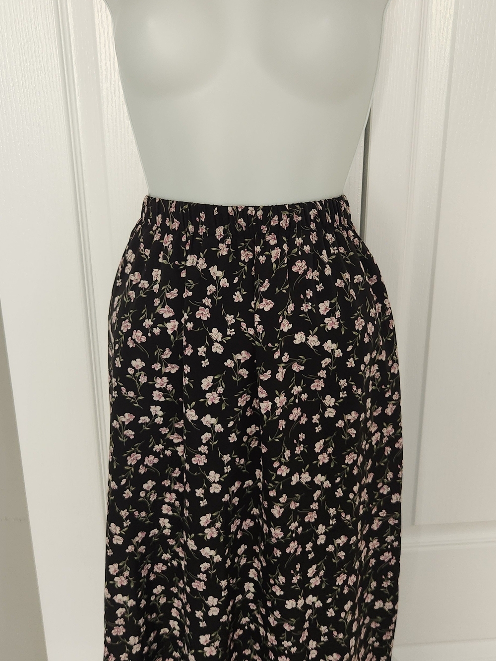 Black Floral Midi Skirt with Pink Blossoms